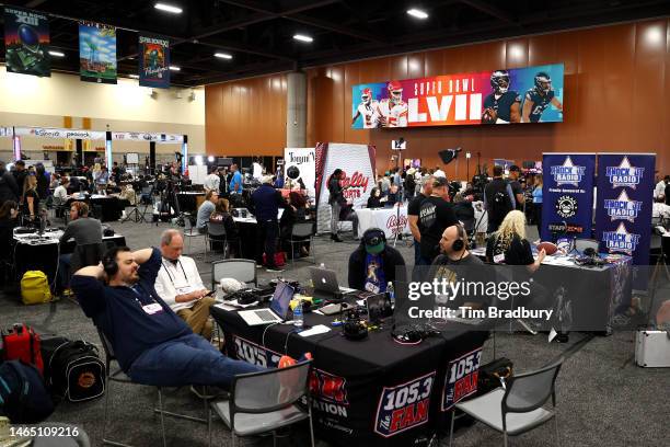 General view of Super Bowl LVII radio row at the Phoenix Convention Center on February 10, 2023 in Phoenix, Arizona. A record 128 outlets were...