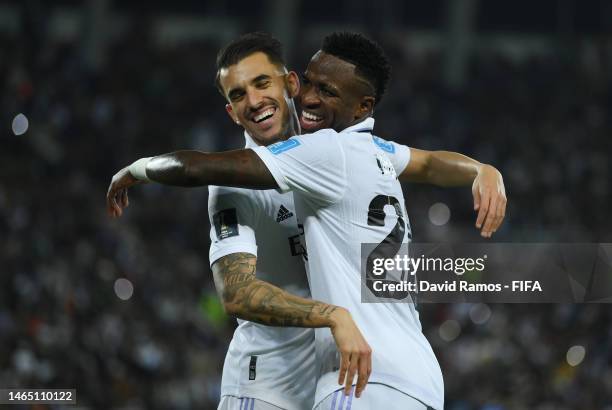 Vinicius Junior of Real Madrid celebrates with team mate Dani Ceballos after scoring their sides fifth goal during the FIFA Club World Cup Morocco...