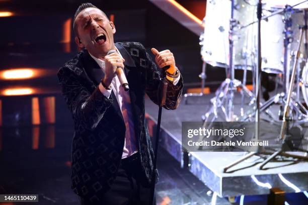 Kekko Silvestre attends the 73rd Sanremo Music Festival 2023 at Teatro Ariston on February 11, 2023 in Sanremo, Italy.