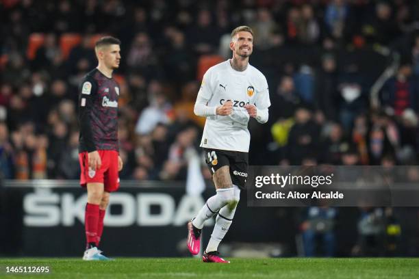 Samu Castillejo of Valencia CF celebrates after scoring their sides first goal during the LaLiga Santander match between Valencia CF and Athletic...