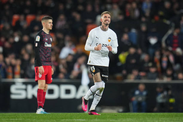 Samu Castillejo of Valencia CF celebrates after scoring their sides first goal during the LaLiga Santander match between Valencia CF and Athletic...