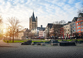 Rhine Promenade and Great St. Martin Church - Cologne, Germany