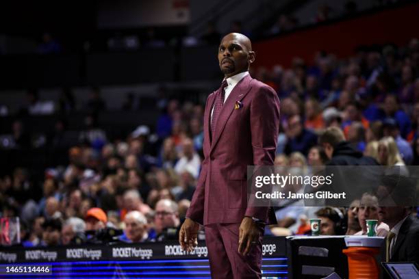 Head coach Jerry Stackhouse of the Vanderbilt Commodores looks on during the first half of a game against the Florida Gators at the Stephen C....