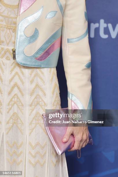 Eugenia Martinez de Irujo, bag detail, attends the red carpet at the Goya Awards 2023 at FIBES Conference and Exhibition Centre on February 11, 2023...