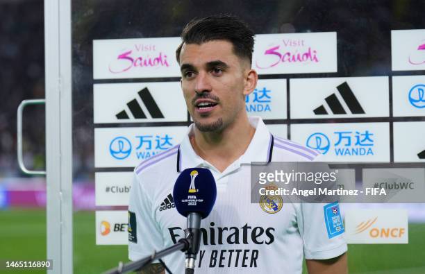 Dani Ceballos of Real Madrid speaks to the media after the FIFA Club World Cup Morocco 2022 Final match between Real Madrid and Al Hilal at Prince...