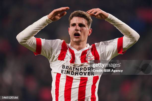 Guus Til of PSV during the Eredivisie match between PSV and FC Groningen at the Philips Stadion on February 11, 2023 in Eindhoven, Netherlands