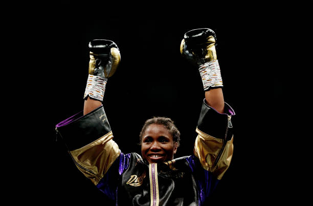 Caroline Dubois celebrates victory after the Lightweight fight between Caroline Dubois and Feriche Mashaury at OVO Arena Wembley on February 11, 2023...