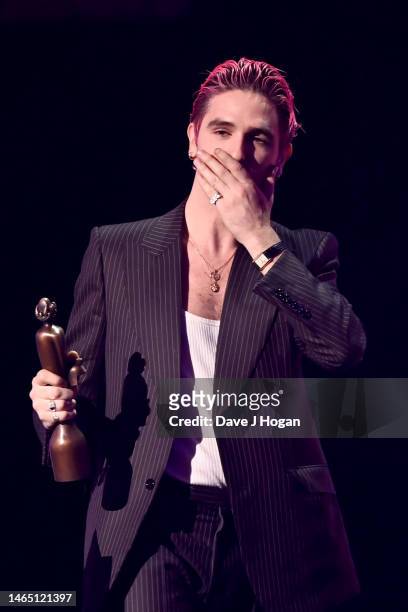 Carlos O'Connell of Fontaines D.C. Receives the international group of the year award on stage during The BRIT Awards 2023 at The O2 Arena on...