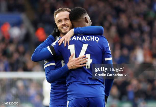 Kelechi Iheanacho of Leicester City celebrates with teammate James Maddison after scoring the team's third goal during the Premier League match...