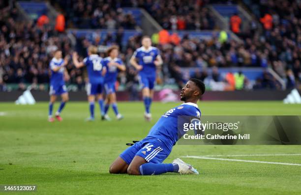 Kelechi Iheanacho of Leicester City celebrates after scoring the team's third goal during the Premier League match between Leicester City and...