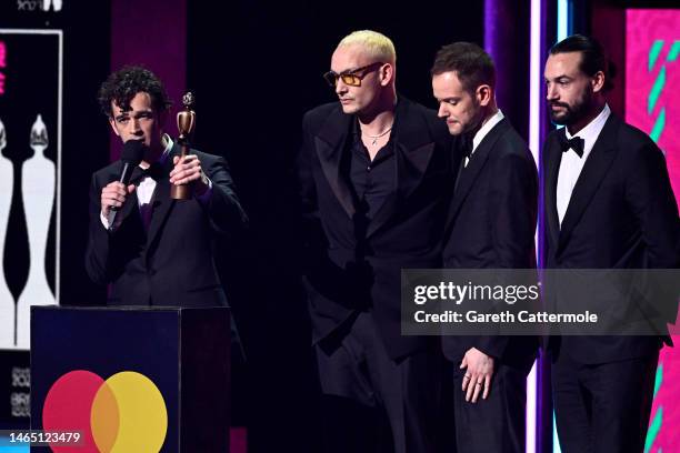 The 1975 accept the award for Group of the Year on stage during The BRIT Awards 2023 at The O2 Arena on February 11, 2023 in London, England.