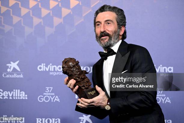 Luis Zahera poses with the Best Supporting Actor Award in the press room at the Goya Awards 2023 at FIBES Conference and Exhibition Centre on...