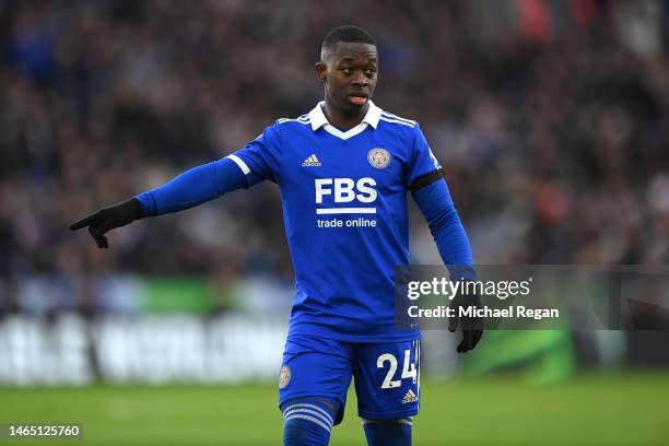 Nampalys Mendy of Leicester in action during the Premier League match between Leicester City and Tottenham Hotspur at The King Power Stadium on...