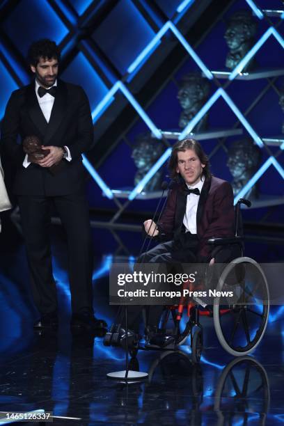 Tomar Navas presents the Goya for best new actor to Telmo Irureta for 'La consagracion de la primavera', at the Palacio de Congresos y Exposiciones...