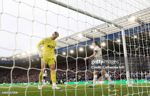 Fraser Forster of Tottenham Hotspur looks dejected after James Maddison of Leicester City scores the team's second goal during the Premier League...