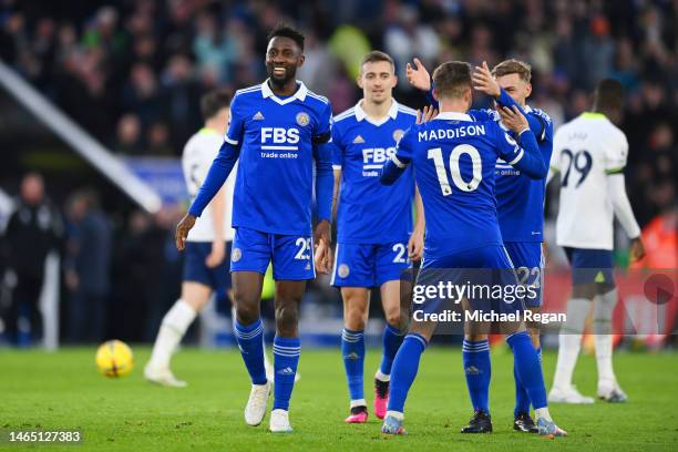 Wilfred Ndidi of Leicester celebrates with team mates during the Premier League match between Leicester City and Tottenham Hotspur at The King Power...