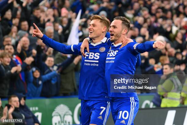Harvey Barnes and James Maddison of Leicester celebrate a goal which is disallowed during the Premier League match between Leicester City and...