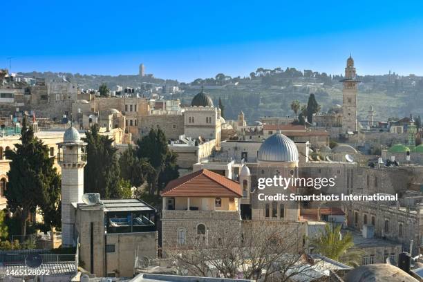 high angle view of an unusual cityscape of the old city of jerusalem, israel, a unesco heritage site - jerusalem old city stock pictures, royalty-free photos & images