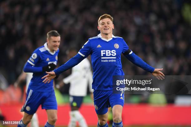 Harvey Barnes of Leicester celebrates scoring the 4th goal for Leicester during the Premier League match between Leicester City and Tottenham Hotspur...