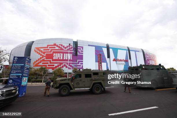 General view of State Farm Stadium and the security presence ahead of Super Bowl LVII on February 11, 2023 in Glendale, Arizona.