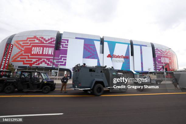 General view of State Farm Stadium and the security presence ahead of Super Bowl LVII on February 11, 2023 in Glendale, Arizona.