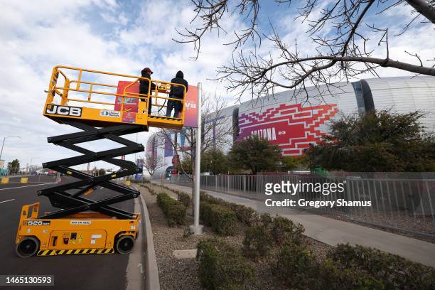 General view of workers getting State Farm Stadium ready ahead of Super Bowl LVII on February 11, 2023 in Glendale, Arizona.