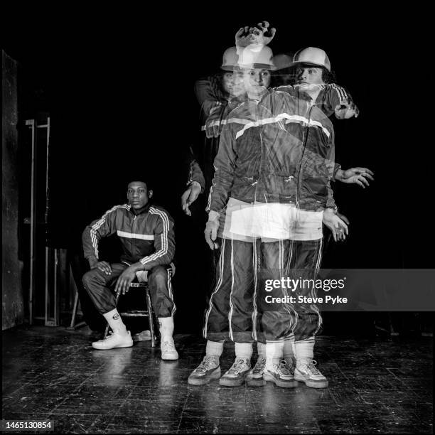 Members of the Soul Sonic Rockers - A B Boy breakdance team from New York City, photographed in the studio with strobe lights, New York City, 16th...