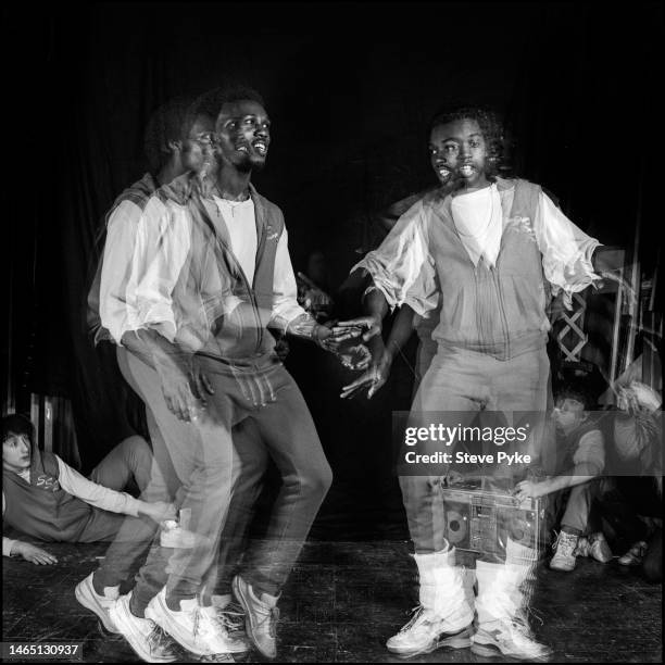 Members of the Soul Sonic Rockers - A B Boy breakdance team from New York City, photographed in the studio with strobe lights, New York City, 16th...