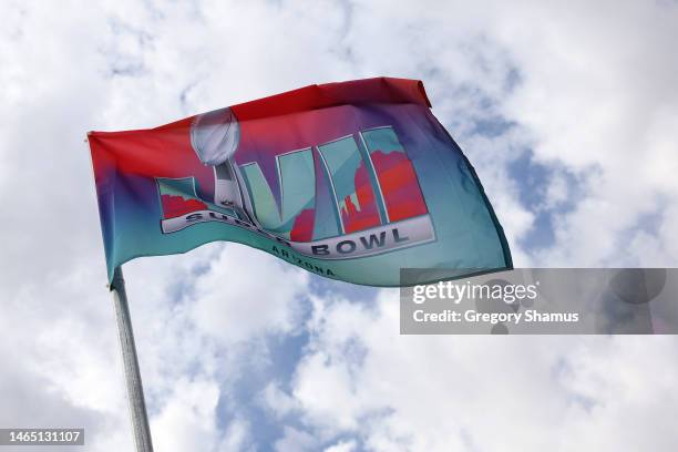 View of a Superbowl LVII flag outside State Farm Stadium ahead of Super Bowl LVII on February 11, 2023 in Glendale, Arizona.