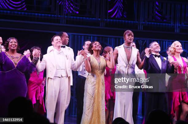 NaTasha Yvette Williams, Christian Borle, Adrianna Hicks, J. Harrison Ghee, Kevin Del Aguila, Angie Schworer during the curtain call before Producer...