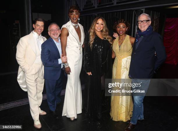 Christian Borle, Composer/Lyricist Marc Shaiman, J. Harrison Ghee, Producer Mariah Carey, Adrianna Hicks and Lyricist Scott Wittman pose backstage...