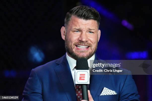 Michael Bisping anchors the broadcast during the UFC 284 event at RAC Arena on February 12, 2023 in Perth, Australia.