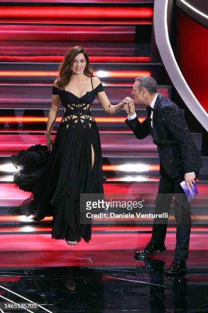 Luisa Ranieri and Amadeus attend the 73rd Sanremo Music Festival 2023 at Teatro Ariston on February 11, 2023 in Sanremo, Italy.