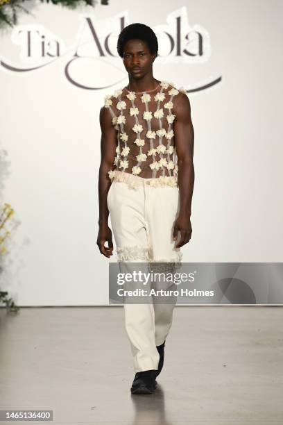 Model walks the runway at the Tia Adeola show during New York Fashion Week: The Shows at Mezzanine at Spring Studios on February 11, 2023 in New York...