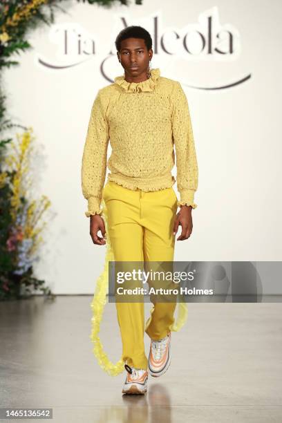 Model walks the runway at the Tia Adeola show during New York Fashion Week: The Shows at Mezzanine at Spring Studios on February 11, 2023 in New York...