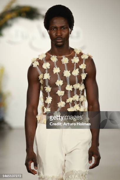 Model walks the runway at the Tia Adeola show during New York Fashion Week: The Shows at Mezzanine at Spring Studios on February 11, 2023 in New York...