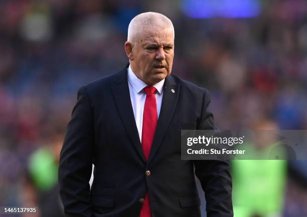 Wales head coach Warren Gatland looks on during the warm up during the Six Nations Rugby match between Scotland and Wales at Murrayfield Stadium on...