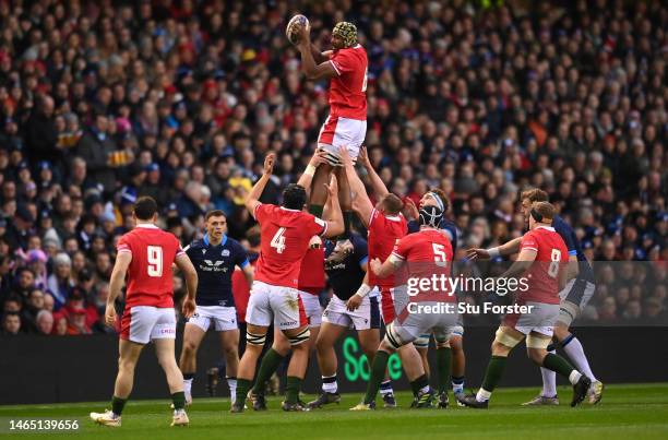 Wales player Christ Tshiunza wins a lineout ball during the Six Nations Rugby match between Scotland and Wales at Murrayfield Stadium on February 11,...