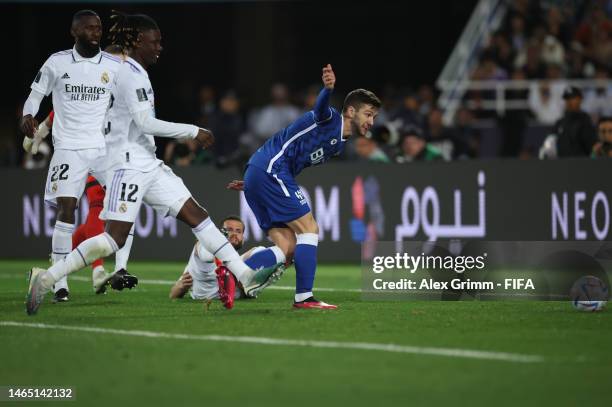 Luciano Vietto of Al Hihal scores their sides third goal during the FIFA Club World Cup Morocco 2022 Final match between Real Madrid and Al Hilal at...