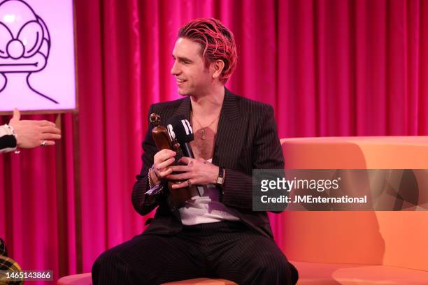 Carlos O'Connell poses with the award for International Group of the Year on behalf of Fontaines D.C in the media room during The BRIT Awards 2023 at...