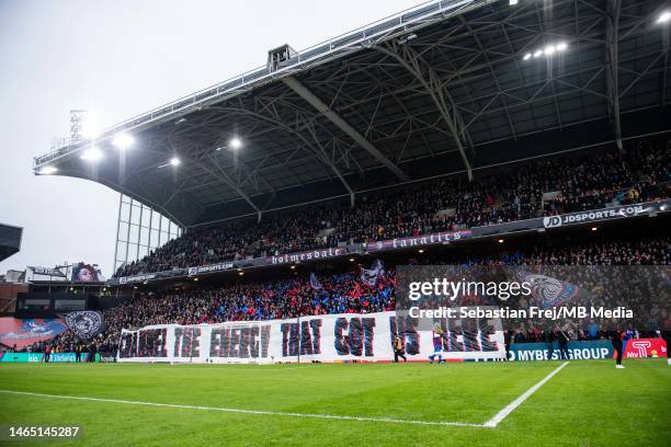 General view of the stadium as fans hold up a banner during the Premier League match between Crystal Palace and Brighton & Hove Albion at Selhurst...