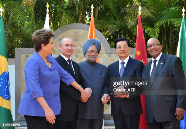 Brazilian President Dilma Roussef, Russian President Vladimir Putin,Indian Prime Minister Manmohan Singh, Chinese President Hu Jintao and South...