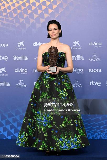 Laia Costa poses with the Best Actress Award in the press room at the Goya Awards 2023 at FIBES Conference and Exhibition Centre on February 11, 2023...