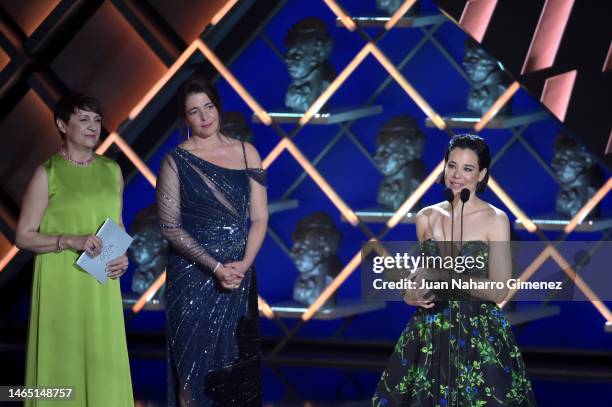 Laia Costa receives the Best Actress Award during Gala of the Goya Awards 2023 at FIBES Conference and Exhibition Centre on February 11, 2023 in...