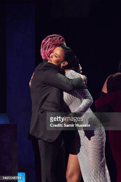 Carlos O'Connell accepts the award for International Group of the Year on behalf of Fontaines D.C from Maya Jama on stage during The BRIT Awards 2023...