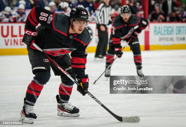 Teuvo Teravainen of the Carolina Hurricanes skates during the first period against the New York Rangers at PNC Arena on February 11, 2023 in Raleigh,...