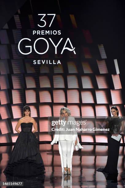 Penelope Cruz, Miriam Diaz Aroca and Maribel Verdu attend the Gala for the Goya Awards 2023 at FIBES Conference and Exhibition Centre on February 11,...