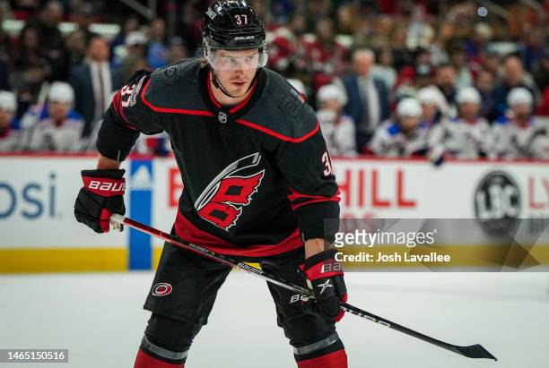Andrei Svechnikov of the Carolina Hurricanes skates during the first period against the New York Rangers at PNC Arena on February 11, 2023 in...