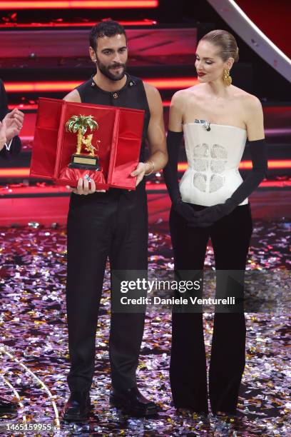 Marco Mengoni with Leoncino D’Oro Award and Chiara Ferragni attends the 73rd Sanremo Music Festival 2023 at Teatro Ariston on February 11, 2023 in...