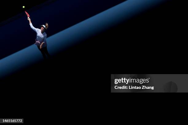 Donna Vekic of Croatia serves in the fourth round singles match against Linda Fruhvirtova of Czech Republic during day eight of the 2023 Australian...